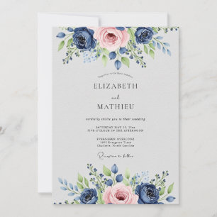 Navy Blue Pink Lavish Botanical Wedding Invitation