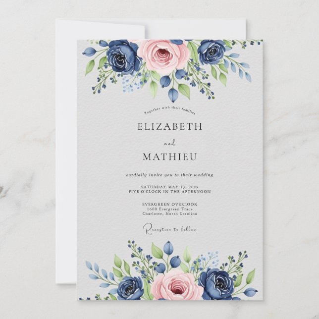 Navy Blue Pink Lavish Botanical Wedding Invitation (Front)