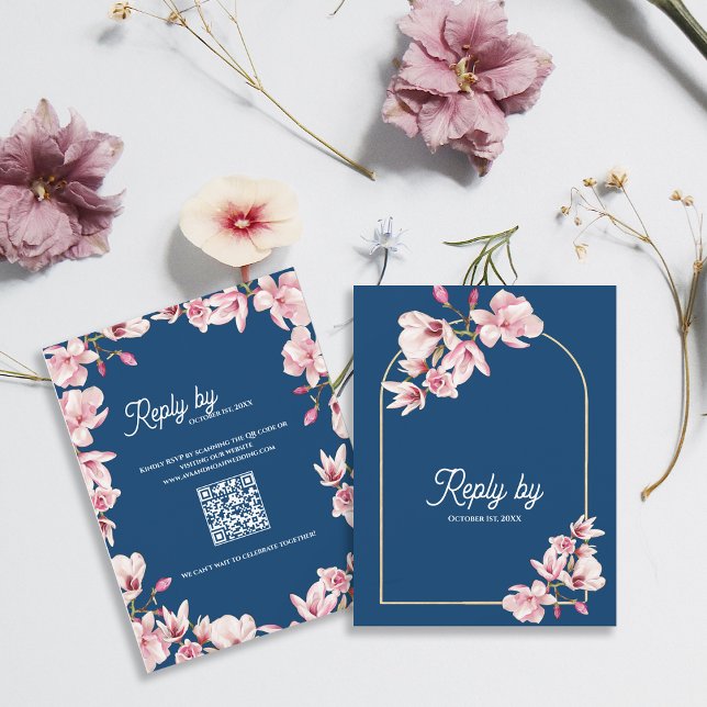 Navy Blue Pink Magnolia Floral Wedding Reply By RSVP Card (Navy Blue Pink Magnolia Floral Wedding Reply By RSVP Card)