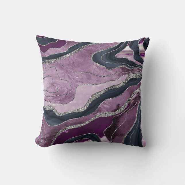 Navy Blue Pink Marble Agate Silver Glitter Glam #1 Cushion (Front)