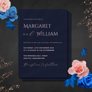 Navy Blue & Pink Modern Minimalist Elegant Wedding Invitation