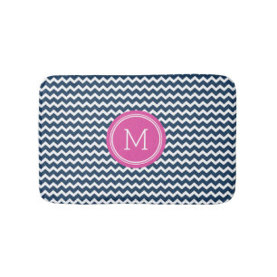 Navy Blue Pink Monogram Chevron Stripes Bathmat