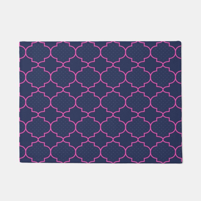 Navy Blue Pink Moroccan Pattern With Polka Dots Doormat (Front)