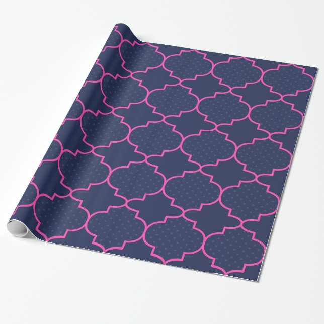 Navy Blue Pink Moroccan Pattern With Polka Dots Wrapping Paper (Unrolled)