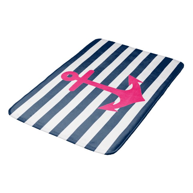 Navy Blue Pink Nautical Anchor Stripes Bath Mat (Angled)