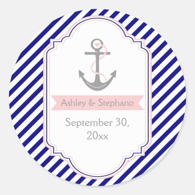 Navy blue, pink nautical wedding Save the Date Classic Round Sticker (Front)