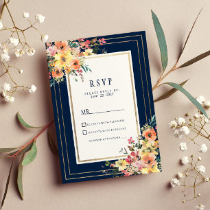 Navy blue pink orange gold floral spring RSVP Invitation