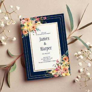 Navy blue pink orange gold floral spring Wedding  Invitation