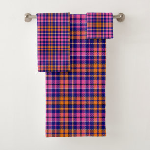 Navy Blue Pink Orange Plaid Tartan Design Bath Towel Set