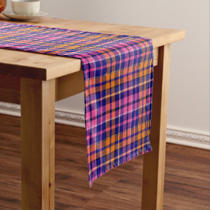 Navy Blue Pink Orange Plaid Tartan Design Short Table Runner