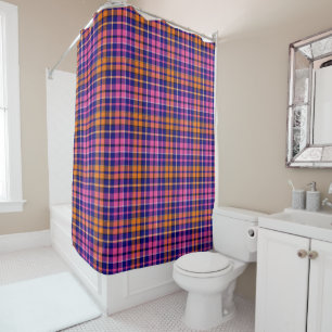 Navy Blue Pink Orange Plaid Tartan Design Shower Curtain