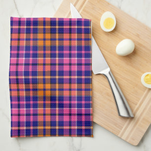 Navy Blue Pink Orange Plaid Tartan Design Tea Towel