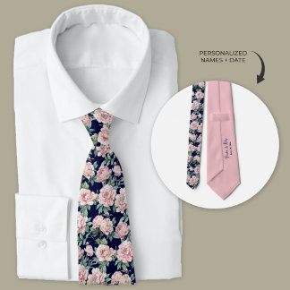 Navy Blue Pink Peony Floral Groomsmen Tie