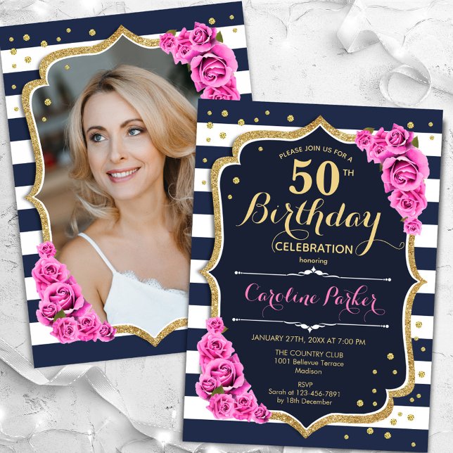 Navy Blue Pink Photo 50th Birthday Invitation (Creator Uploaded)