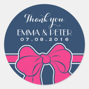Navy Blue Pink Ribbon Wedding Thank You Sticker