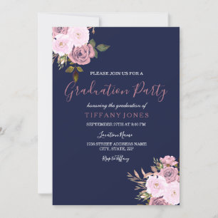Navy Blue Pink & Rose Gold Graduation Invitation