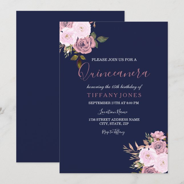 Navy Blue Pink & Rose Gold Quinceanera Invitation (Front/Back)