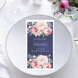 Navy blue pink roses florals elegant birthday napkin