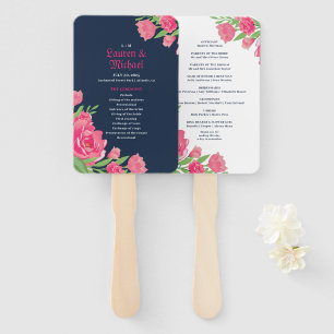 Navy Blue Pink Roses Flower Bouquet Floral Wedding Hand Fan