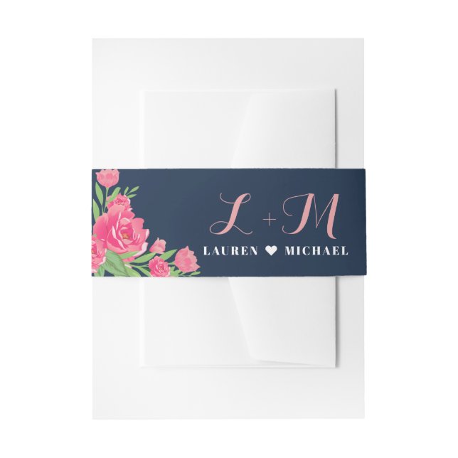 Navy Blue Pink Roses Flower Bouquet Floral Wedding Invitation Belly Band (Front Example)