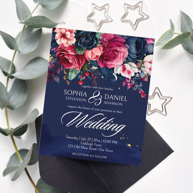 Navy blue pink  roses wedding invitation template (Creator Uploaded)