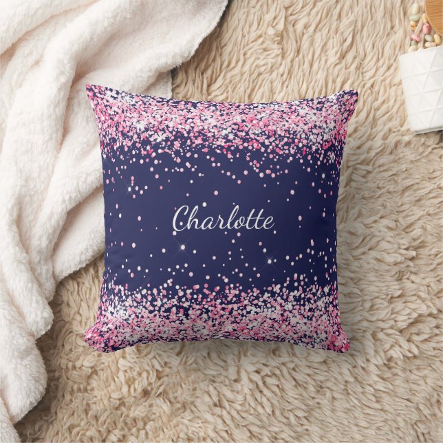 Navy blue pink sparkles girl name cushion (Blanket)