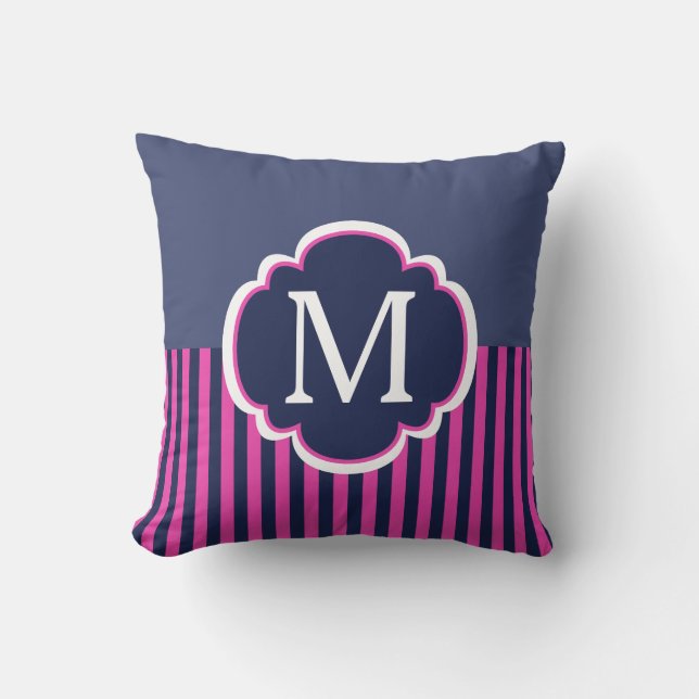 Navy Blue Pink Stripes Monogram Cushion (Front)
