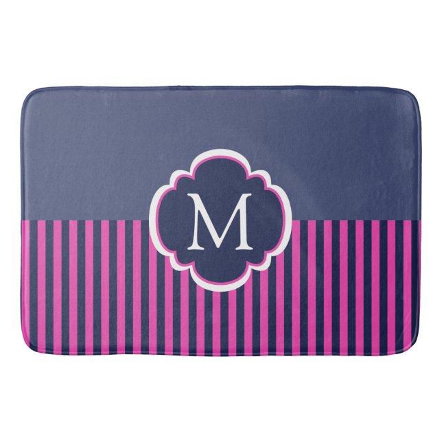 Navy Blue Pink Stripes Monogram Pillow Bath Mat (Front)