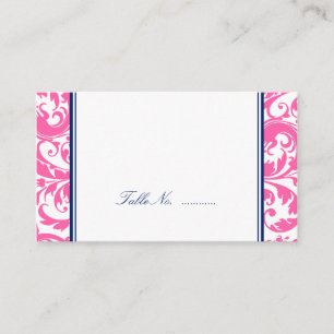 Navy Blue Pink Swirl Damask Wedding Place Cards