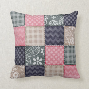 Navy Blue, Pink, Tan, and Grey Cute Quilt look Cushion