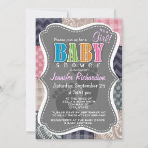 Navy Blue, Pink, Tan, and Grey Cute Quilt look Invitation