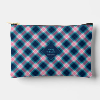 Navy Blue & Pink Tartan Plaid Personalised Accessory Pouch