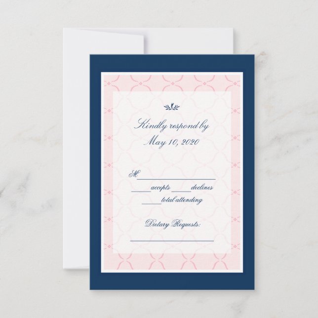 Navy Blue Pink Traditional Wedding RSVP Card (Front)
