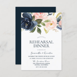 Navy Blue Pink Watercolor Floral Rehearsal Dinner Invitation