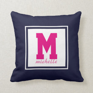Navy Blue PINK White Preppy  Monogram NAME Custom Cushion