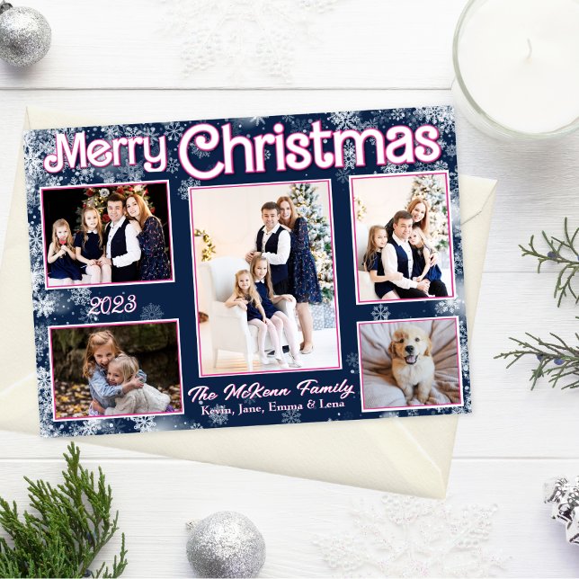 Navy Blue | Pink | White Snowflakes Holiday Card (Navy blue, pink accents, white whimsical snowflakes, 5 photos, Christmas card)