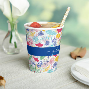 Navy Blue Pink Wild Rain Forest Evergreen Wedding Paper Cups