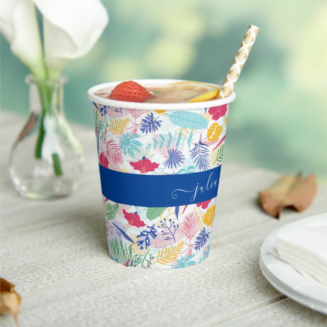 Navy Blue Pink Wild Rain Forest Evergreen Wedding Paper Cups (Insitu)
