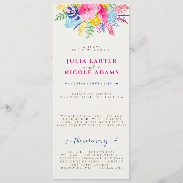 Navy Blue Pink Wild Rain Forest Evergreen Wedding Program (Front)