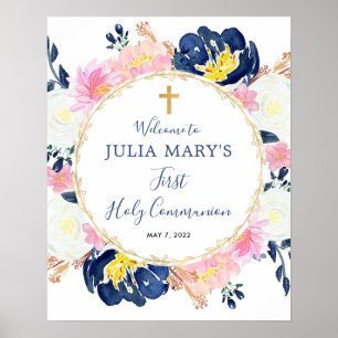 Navy blue pink yellow communion welcome sign