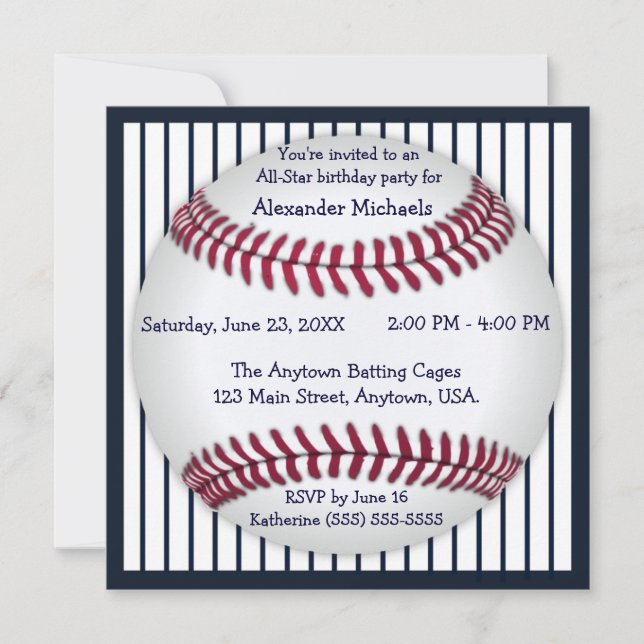 Navy Blue Pinstripes Baseball Birthday Party Invitation (Front)
