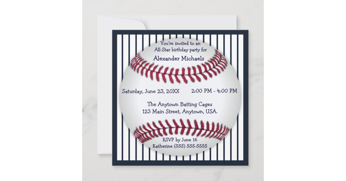 Navy Blue Pinstripes Baseball Birthday Party Invitation | Zazzle