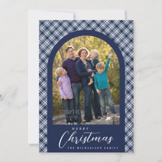 Navy Blue Plaid Family Photo Christmas Holiday Card