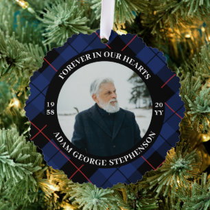 Navy Blue Plaid Forever In Our Hearts Photo Tree Decoration Card