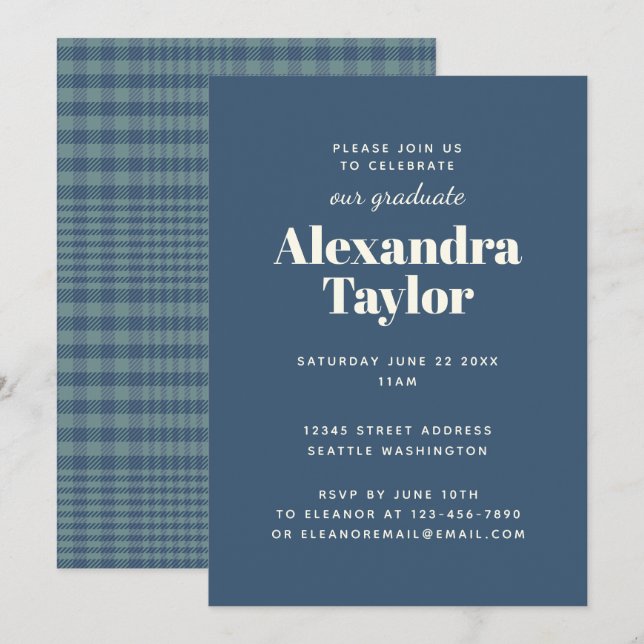 Navy Blue Plaid Masculine Man Graduation Party Invitation (Front/Back)