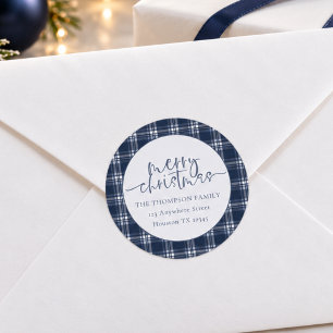 Navy Blue Plaid Merry Christmas Return Address Classic Round Sticker