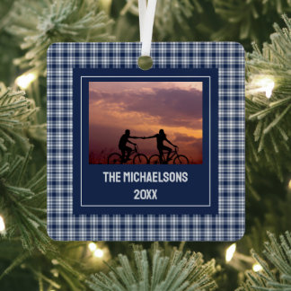 Navy Blue Plaid Metal Tree Decoration