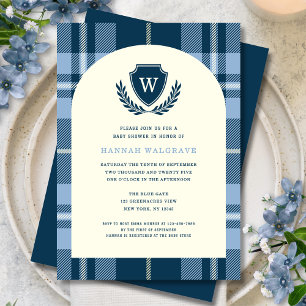 Navy Blue Plaid Monogram Boy's Baby Shower Invitation