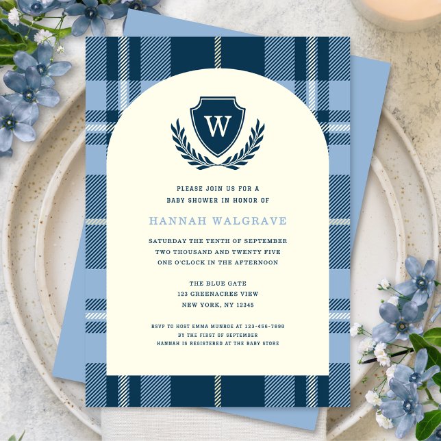 Navy Blue Plaid Monogram Boy's Baby Shower Invitation (Creator Uploaded)