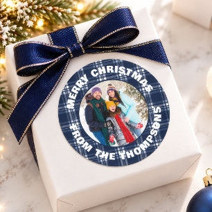 Navy Blue Plaid Tartan Photo Merry Christmas Classic Round Sticker